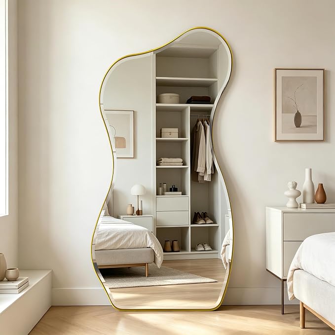 POZINO Large Irregular Beveled Mirror, 63"x32" Asymmetrical Wall Mirror with Metal Frame, Full Length Organic Floor Mirrors for Entryway Living Room Bedroom Hallway, Leaning/Wall-Mount