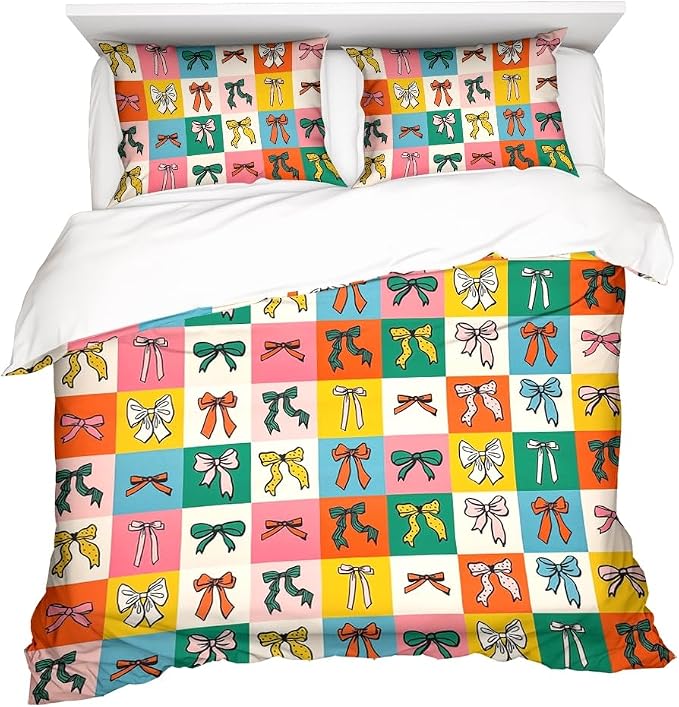 Cute Colorful Bow Bedding Set King Size Teal Green Blue Red Bow Comforter Covers Set for Kids Girls Women Trendy Coquette Preppy Room Decor Quilt Bed Cover Girly Bedroom Decor 104"x88"