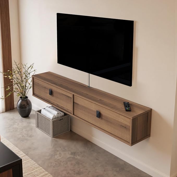 Solid Wood Floating TV Shelf, 55'' Wall Mounted TV Cabinet, Floating Shelves with 2 Doors, Wooden Mid-Century Entertainment Media Console Center Large Storage Under TV (Walnut)
