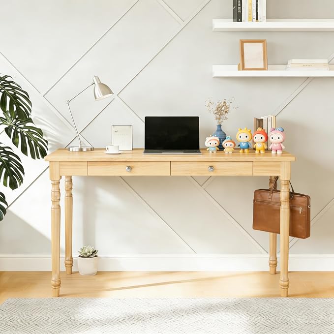100% Solid Wooden Desk with Drawers - 47.2” Mid Century Modern Desk with 2 Hooks, Writing Desk with Drawers, Simple Work Study Table for Bedroom & Home Office - Natural Boho Desks