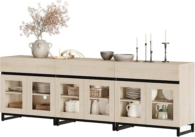 WAMPAT Multifunctional Sideboard Buffet Cabinets with 6 Glass Doors and 3 Drawers, Modern Sideboard Credenza Coffee Bar Storage Cabinet for Living Room, Kitchen, Light Oak