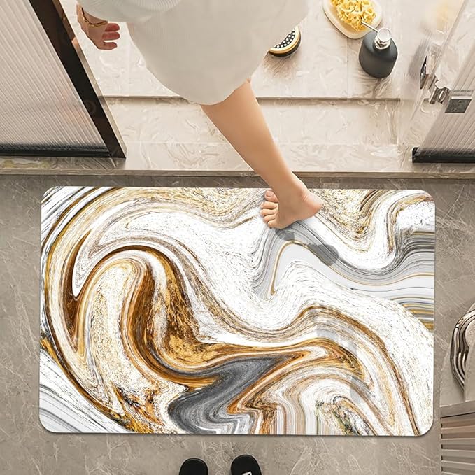Bath Mat Rug,White Grey Gold Marble Non Slip Quick Dry Super Absorbent Thin Bathroom Rugs Fit Under Door-Easy to Clean Bathroom Floor Mats-Shower Rug for Shower Sink Bathtub(17" x 27.5"in)