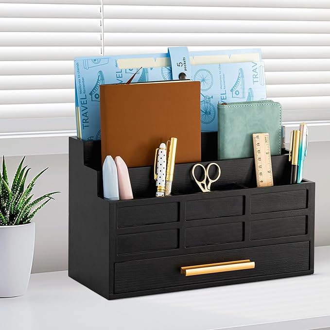 dreampossible Black Wood Desk Organizer and Accessories with Drawer, Bill Mail Organizer and File Mail Holder for Office Supplies, Rustic Desk Accessories & Workspace Organizers for Desk Organization