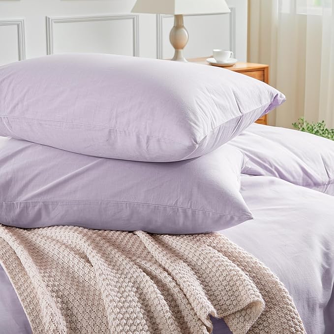 NEXHOME PRO Twin Duvet Cover Set, 100% Washed Cotton with Linen-Like Texture, Natural Organic, Breathable & Comfortable, Includes Home Bedding Set Lilac (No Comforter) 68"x90"