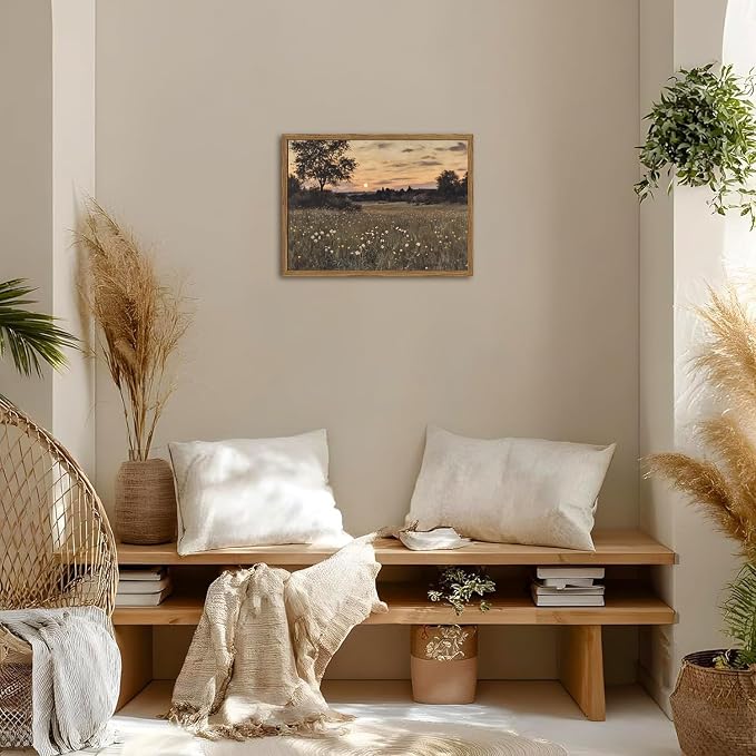 Vintage Farmhouse Wall Art, Rustic Floral Wall Decor Paintings, Twilight Firefly Artwork Painting Field Nature Landscape Canvas Prints for Bedroom Living Room 12x16 inch Wood Framed