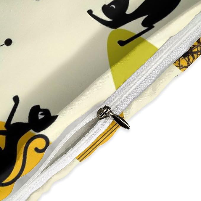 Geometry Modern Comforter Set,Mid Century Black Cat Abstract Atomic Geometric Vintage 1950s 1960s Pattern Print Yellow Bedding Set with Pillowcase for Bedroom Bed Decor,King 102"x90"