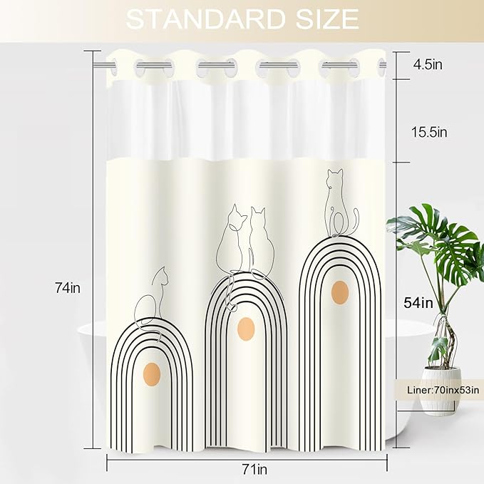 No Hook Shower Curtain and Liner Set, Boho Cat Shower Curtains with Snap in Fabric Liner for Bathroom, Ringless Waterproof Washable with See Through Top Window, Cream Beige 71" x 74"