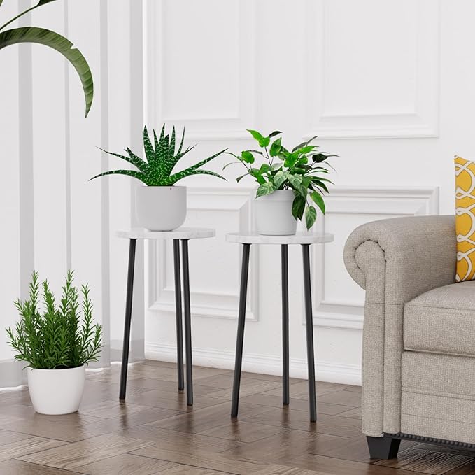 Plant Stand Indoor 2 Pack: Corner Wood 20 Inch Plant Stand Mid Century Modern Decor - Small Round Plant Table for Indoor Plants - Plant Holder for Patio Living Room Bathroom Office (White Marble)