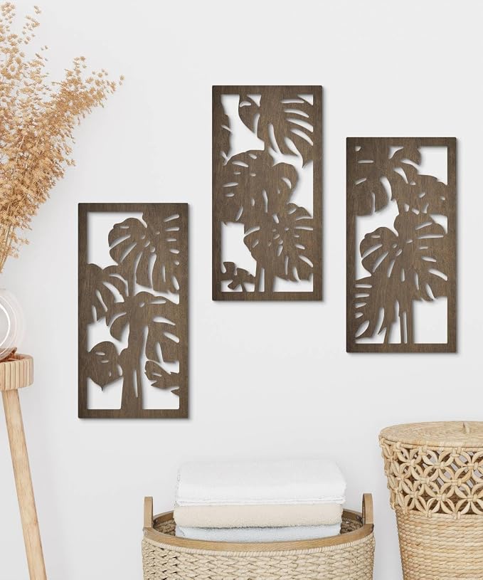 Putuo Decor 3-Piece Tropical Leaf Wood Wall Art Set, Palm Leaf Wall Hanging Decor for Bedroom Living Room Bathroom Balcony Decor