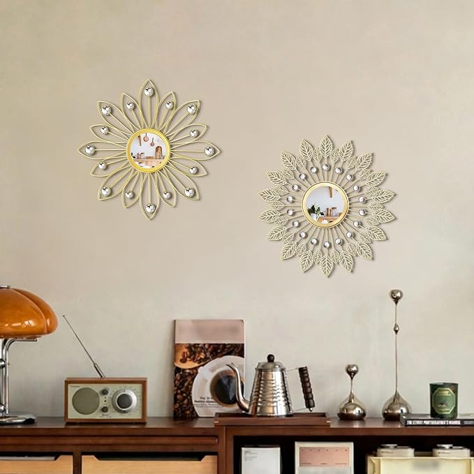 2 Pack Metal Mirrors for Wall Boho Sunburst Wall Mirror Home Decor Modern Decorative Wall Art for Bedroom Living Room Entryway