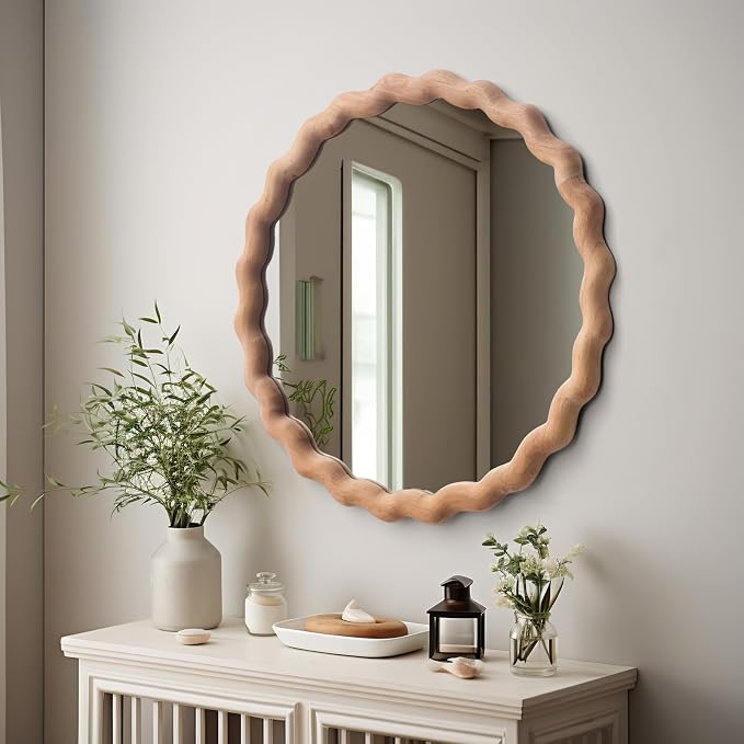 Irregular Wall Mirror,Wood Round Farmhouse Mirror Unique Vanity Mirror,24" Nature Wooden Modern Bathroom Mirror for Washroom Living Room Bedroom