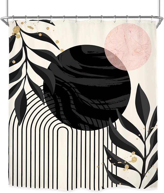 Miyotaa Abstract Modern Shower Curtain Set 60Wx71H Inches Minimalist Aesthetic Black Pink Contemporary Plant Leaves Neutral Polyester Waterproof Cloth Bathroom Curtain with 12 Hooks