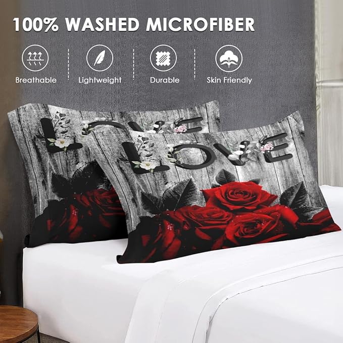 WeCozy 7 Pcs King Size Comforter Set with 2 Pillowcases & 2 Shams, Red Rose Flower Bedding for Kids and Adults, Vintage Woodboard Wood Grain Bed in a Bag with Flat Fitted Sheet