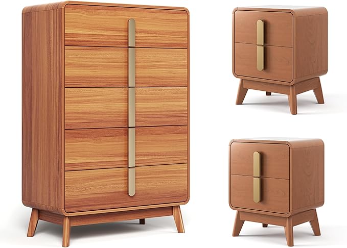 Mid Century Modern Bedroom Sets, 5 Drawer Dresser and Nightstand Sets for Bedroom, Night Stand Set 2 & 5 Drawer Dresser with Gold Handles, Wood Chest of Drawers Storage Cabinet Set, Cherry