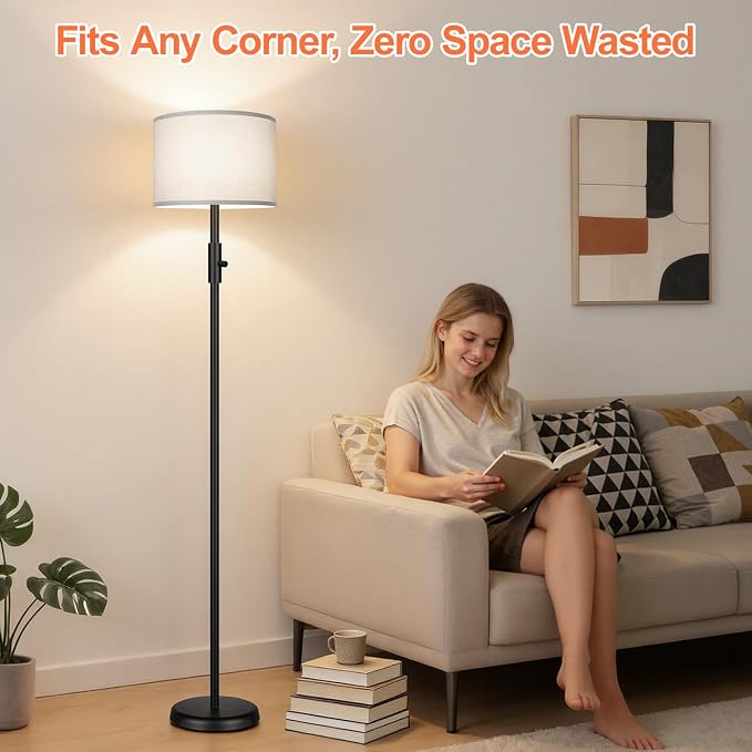 Floor Lamp Simple Design with Shade, Small Tall Lamps for Living Room Bedroom Office Dining Room Kitchen, Black Pole Lamp-Gray