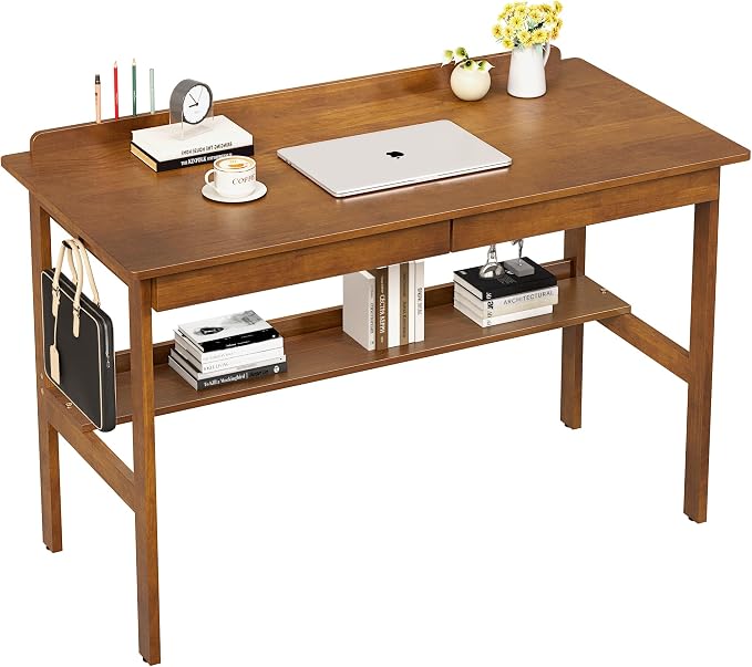 Solid Wood Writing Desk with Drawers, 47" Mid Century Modern Desk, Vintage Home Office Computer Desks and Storage Shelf, Wooden Study Table for Bedroom Small Spaces, Study Makeup Workstation, Walnut