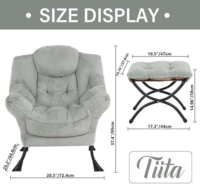 Tiita Lazy Chair with Ottoman, Green Modern Large Accent Chair, Comfy Leisure Sofa Armchair with Ottoman, Reading Chair with Footrest for Bedroom, Living Room, Dorm Rooms, Plush Green