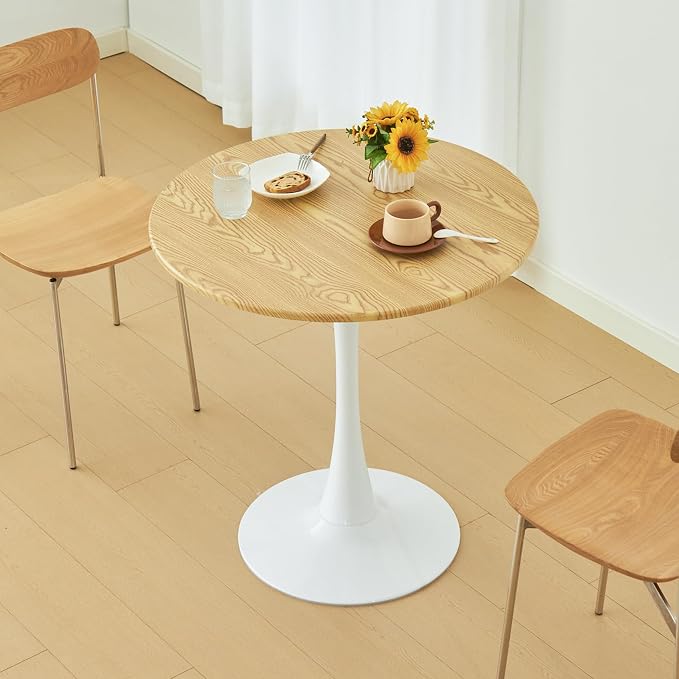 Round Dining Tulip Table for 2, Mid-Century Modern Table with Sturdy Metal Pedestal for Kitchen, Bistro, Cafe, Leisure (Faux Oak, 24 INCH)