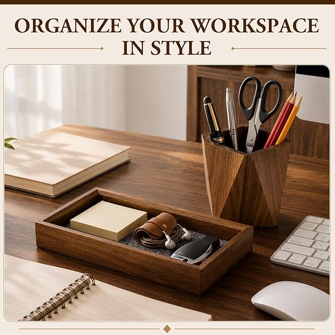 Marspark Walnut Desk Tray with Pen Holder Set, Non-Slip Desk Tray and Pencil Holder Set with Felt Lined, Natural Wooden Desktop Drawer Organizer Office, Organizer Trays for Keys, Pen, Watch
