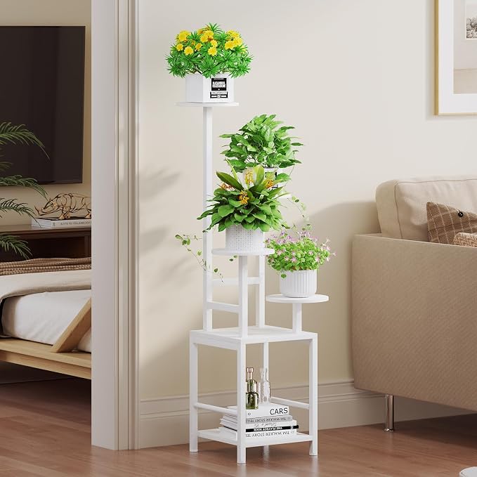 Homsorout Plant Stand Indoor with Grow Light, 5-Tiered Tall Plant Stand Indoor, Metal Plant Shelf with Adjustable Light, Ideal for Living Room, Garden, Round Patio white
