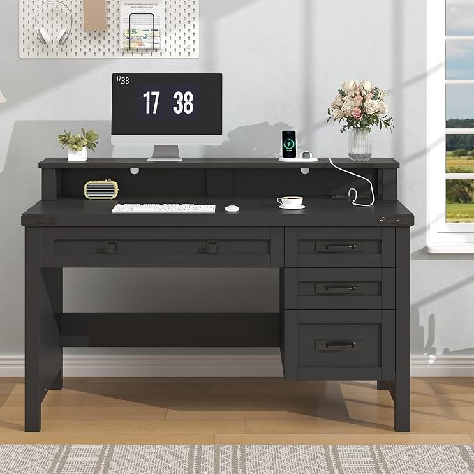 YOMILUVE Farmhouse Computer Desk with Drawers, 47" Small Computer Desk with Power Outlets, Home Office Desk with Monitor Stand & 4 Drawers, Writing Study Table, Black