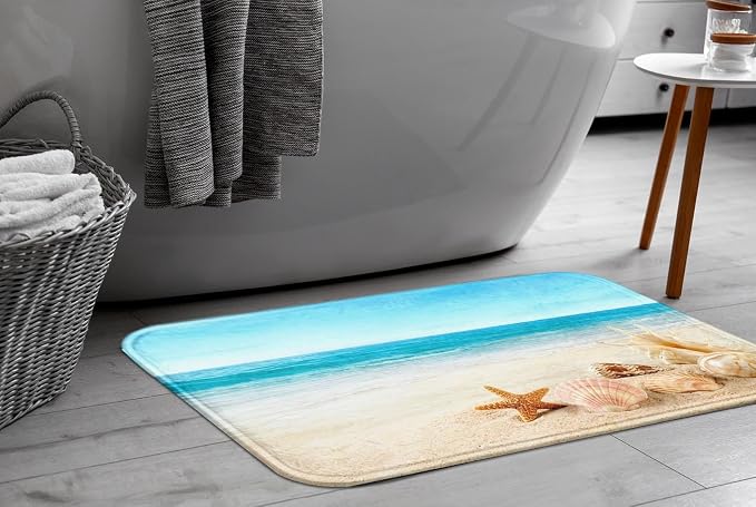 Britimes Bath Mat for Bathroom, Blue Beach Starfish Sea Washable Cover Floor Rug Carpets Floor Mat Bathroom Decorations 16x24 Inches for Kitchen Bedroom Indoor