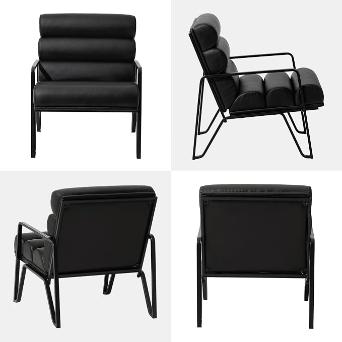 Glitzhome Accent Chairs for Living Room, Modern Armchairs with Metal V-Legs and PU Leather Cushion, Single Sofa Chairs for Living Room/Office/Study, Black