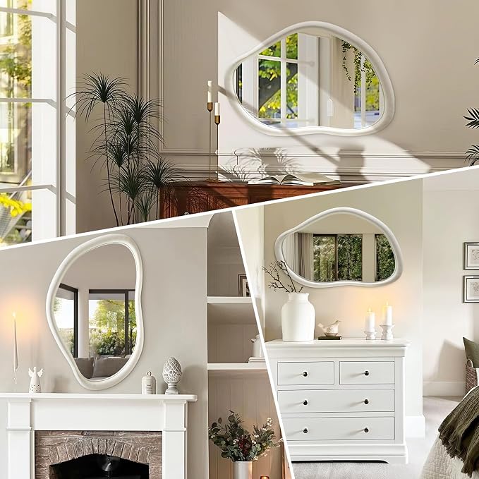 Irregular Wall Mirror Asymmetrical Mirror, 35"x24" Flannel Wrapped Wood Vanity Mirror, Decorative Wave Mirrors for Living Room Bathroom Entryway, Horizontal/Vertical, Ivory