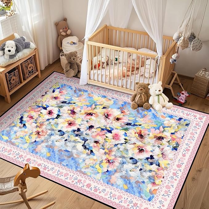 Floral Oil Painting Area Rug Watercolor Flower Print Rugs for Entryway Bedroom Living Room Nursery Kitchen Playroom Home Decor Washable Low Pile Floor Mat Carpet,3'x5'