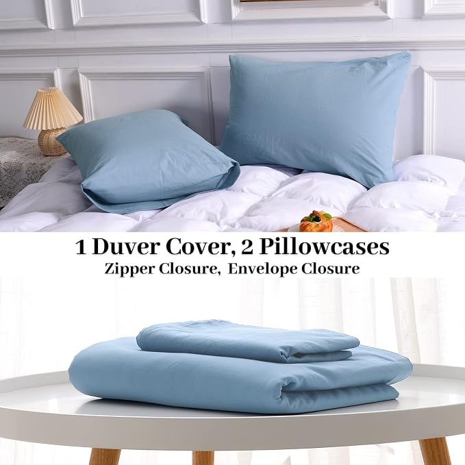 NEXHOME PRO Duvet Cover Set Kids Twin Size Linen Look Textured Organic Natural 100% Washed Cotton Duvet Cover Blue Bedding Set with Zipper Closure, Corner Ties, Breathable (No Comforter)