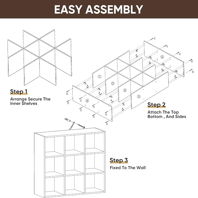 ZenStyle 9 Cube Storage Shelf Organizer, Wooden Bookshelf System Display Cube Shelves Compartments, Customizable W/ 5 Removable Back Panels (Brown, 9 Cube)