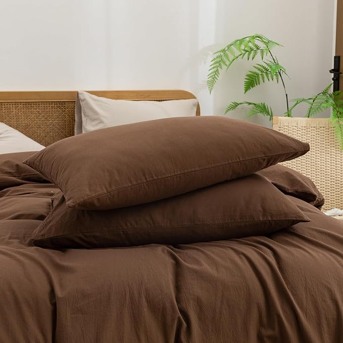BESTOUCH Duvet Cover Set 100% Washed Cotton Linen Feel Super Soft Comfortable Chic Lightweight 3 PCs Home Bedding Set Solid Cocoa Brown Super Queen