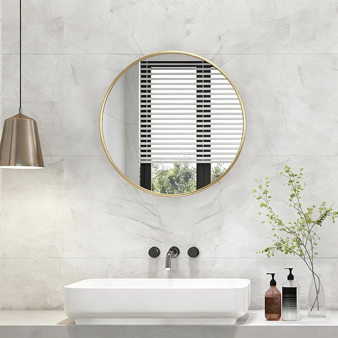 NEWBULIG 20 Inch Round Wall Mirror, Bathroom Mirrors for Over Sink, Matte Metal Framed Circle Vanity Mirror, Wall Decor for Bedroom, Entryway, Anti-Rust, Tempered Glass, Hanging or Leaning, Gold