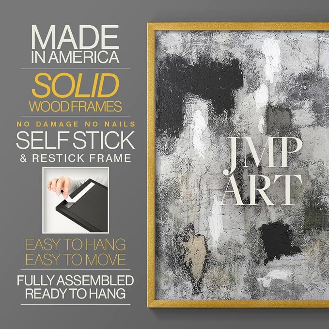 Renditions Gallery Set of 2 Peel & Stick Framed Prints, Abstract Wall Art, Hand Painted Black and White Pattern Wall Decor, Re-Stickable - Ready to Hang - 16"x20" - GOLD Frame LT588