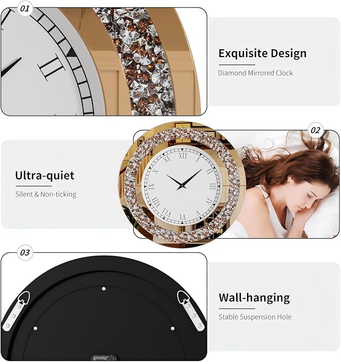 Crushed Diamond Wall Clock Round Decorative Mirrored Clock 32 inch Brown