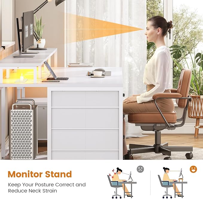 SEDETA White Computer Desk with 5 Drawer & Power Outlet, 75'' Home Office Desk with File Drawer, Storage Shelves, Printer Cabinet and Monitor Shelf, Gaming Desk with Led Lights, 23.6" W Desktop