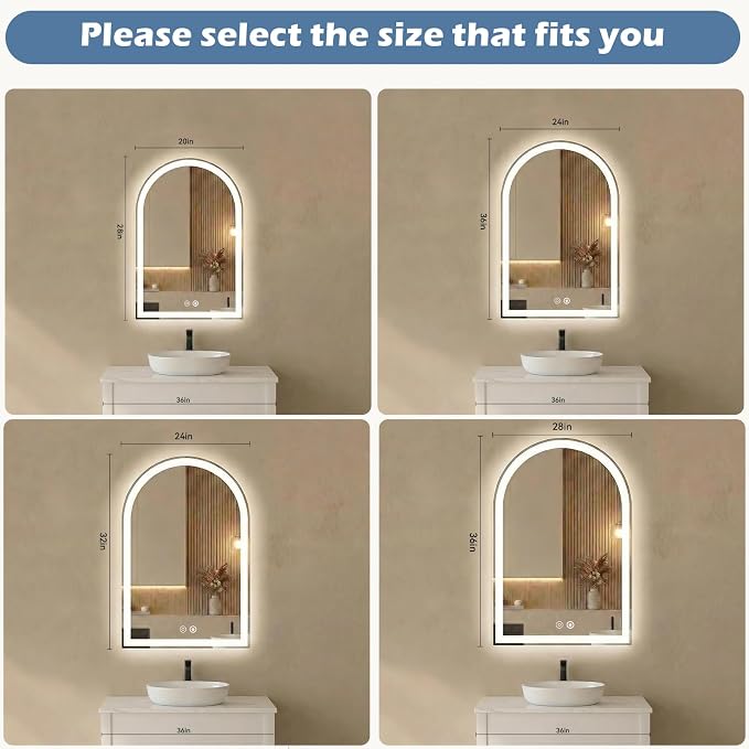Sweetcrispy 20“x 28” LED Bathroom Backlit Mirror with Lights, Arched Lighted Bathroom Vanity Mirrors with Anti-Fog, Dimmable, 3-Color Light, Memory Function, Tempered Glass, Water-Proof Design