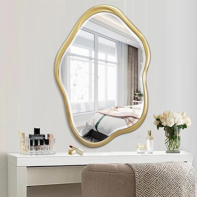 Irregular Wall Mirror, 24"X36" Gold Asymmetrical Bathroom Vanity Mirror, Framed Cloud Mirror for Washroom, Bedroom, Entryway