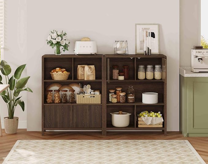 FATORRI Cube Bookshelf with 2 Doors, 4 Tier Wooden Bookcase, 5 Cube Storage Organizer for Home Office (Dark Walnut)