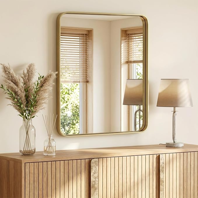 Sweetcrispy Bathroom Wall Mirror, 36x30 Inch Wall Mount Mirror for Over Sink, Modern Rounded Rectangle Vanity Mirrors with Matte Metal Framed, for Home Decor, Living Room, Bedroom, Gold