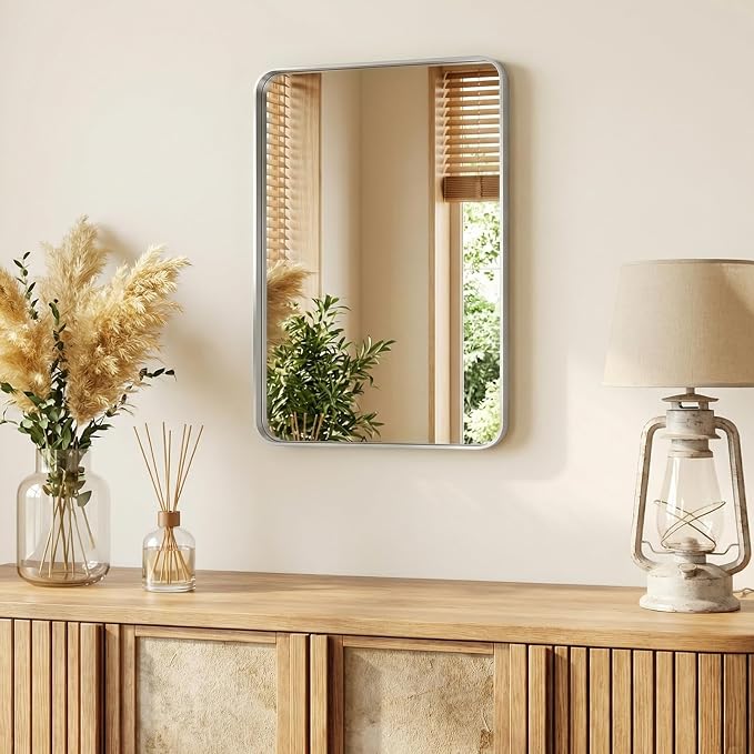 NEWBULIG 20X28 Inch Bathroom Mirror for Over Sink, Wall Vanity Mirrors Tempered Glass, Anti-Rust Metal Framed Rounded Rectangle, Hangs Horizontally or Vertically, Farmhouse Home Decor, Silvery