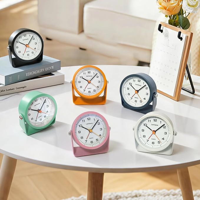 Lamisola 3.5 Inch Small Desk Alarm Clock, Battery Operated Analog Silent Clock with Night Light, Retro Vintage Metal Bedside Clock for Bedroom, Office, Bathroom, Dorm, Shelf, Table - Orange
