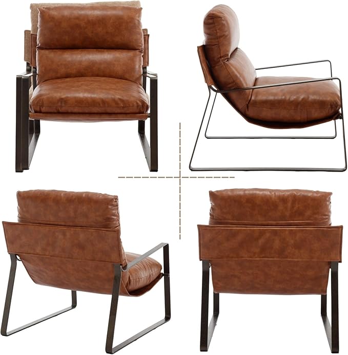 LukeAlon Modern PU Leather Accent Armchair, Upholstered Lounge Chair with Brass Metal Frame Thickened Cushion Comfy Leisure Chair with Lychee Grain for Bedroom Living Room, Brown