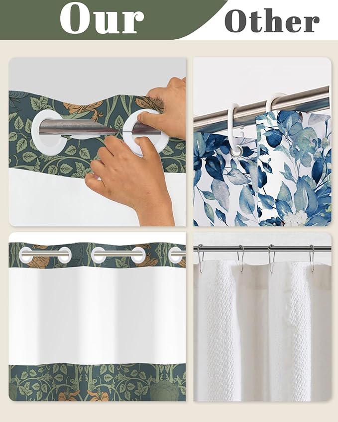 No Hook Shower Curtain with Snap in Liner - Vintage Dark Green Botanical Floral Print, Hookless Bath Curtain with Mesh Top for Dark Academia & Moody Victorian Bathroom Decor, 71W x 74H