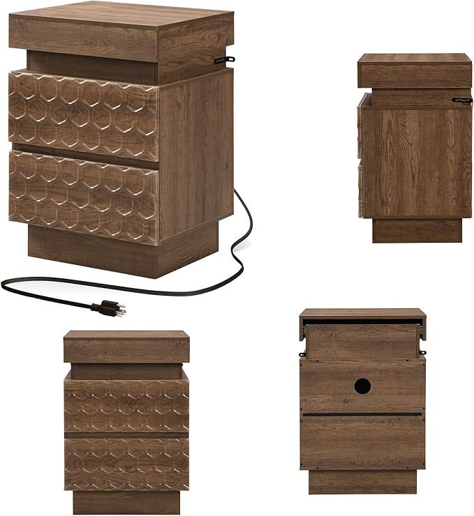 Led Nightstand with Charging Station, Hexagonal Fluted Night Stand with Sliding Top, Wooden Bedside Table with 3 Drawers, Modern Bed Side End Table for Bedroom, Living Room, Walnut Brown