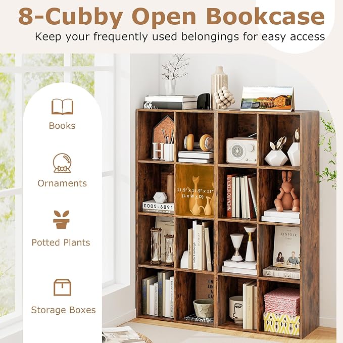 DREAMADE 8 Cube Storage Organizer, 2 Tier Multipurpose Display Shelf w/Open Storage & 2 Anti-Tipping Kits, 8-Cube Wooden Bookcase for Living Room, Bedroom, Study, Home, Office (Brown)