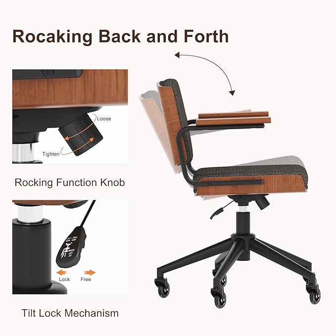 Ergonomic Office Chair with Rubber Wheels & Walnut Arms - Mid-Back Desk Chair, Adjustable Height, Bentwood Backrest | Swivel Rocking Design for Home Office, Meeting Room, Study