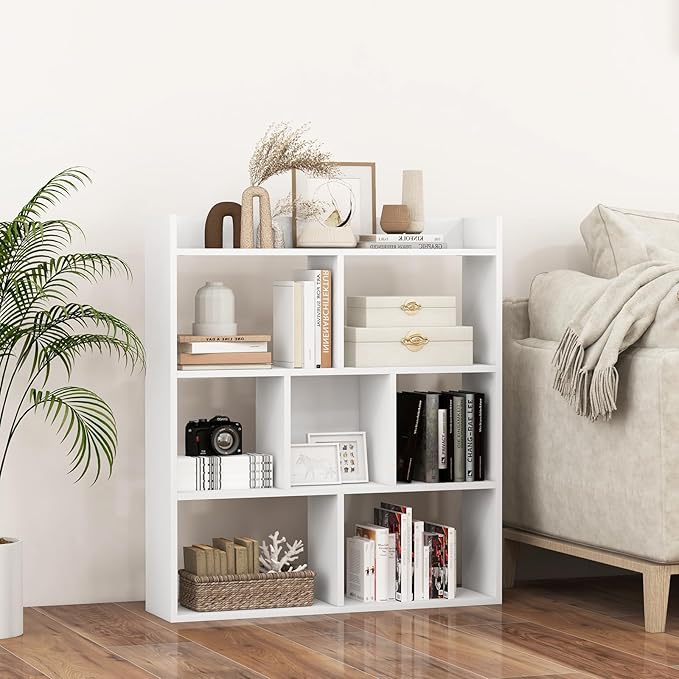 Giantex 7 Cube Bookshelf, Free-Standing Wooden Bookcase, 4 Tier Home Display Shelf, Horizontal Storage Unit w/Anti-Toppling Devices, Open-Back Display Rack for Study, Office, Living Room, White