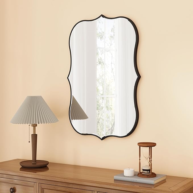 SHYFOY Decorative Wall Mirror Asymmetrical Mirrors for Wall Decor, Black Irregular Mirror for Living Room Decor, Modern Large Mirror Abstract Clound Shape, 24"x35", Scalloped Wood Frame