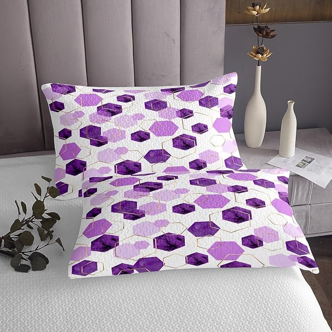 Erosebridal Purple Quilt Set King Size for Boys Girls Geometric Hexagon Coverlet Set Modern Abstract Art Decor Bedspreads Lavender Marbling Striped Bedding Sets, 1 Quilts 2 Pillow Cases